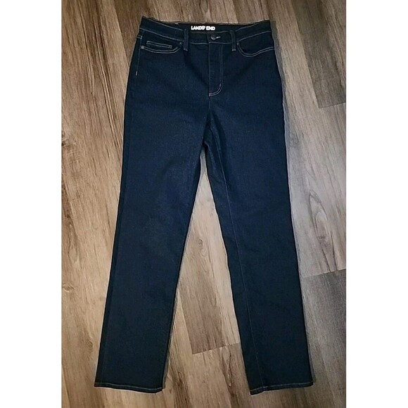 NWOT Lands End Jeans Womens 10 Dark Wash Mid Rise Straight Blue Denim - Picture 1 of 9